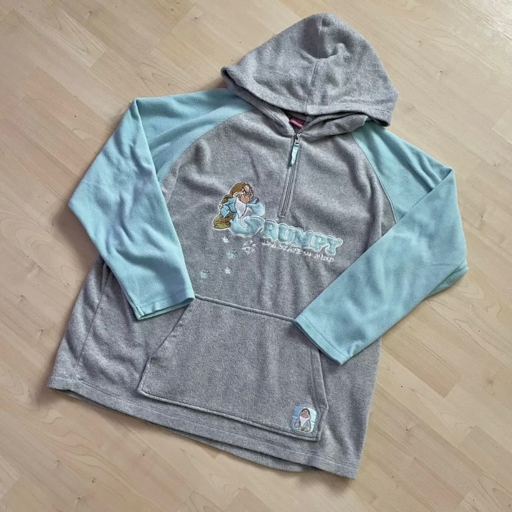 Disney Grumpy Mint Light Gray Quarter Zip Hooded Sweatshirt Hoodie Vintage